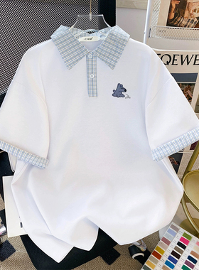 日系plol衫美式拼接格子撞色短袖t恤女夏季宽松情侣半袖上衣洋气