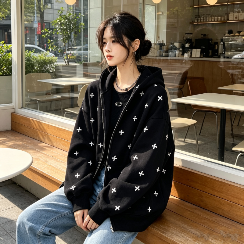 韩版设计感印花连帽拉链开衫女宽松休闲卫衣通勤清新显瘦潮流外套