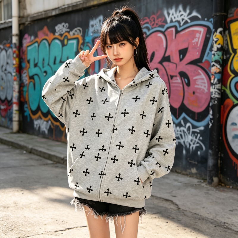 美式风洋气印花连帽拉链开衫女宽松休闲卫衣大码清新潮流长袖外套