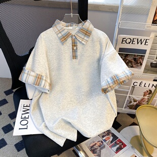 夏季半袖上衣日系plol美式拼接格子撞色短袖宽松情侣胖妹妹多巴胺