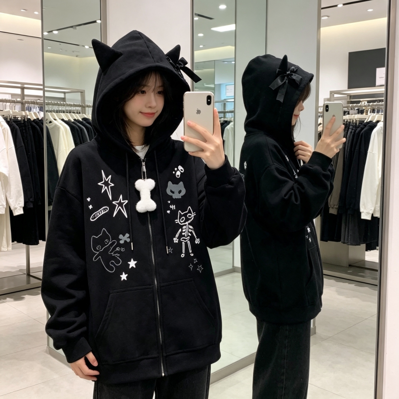 韩版宽松卫衣女蝴蝶结卡通印花拼接连帽日系秋冬休闲气质上衣外套