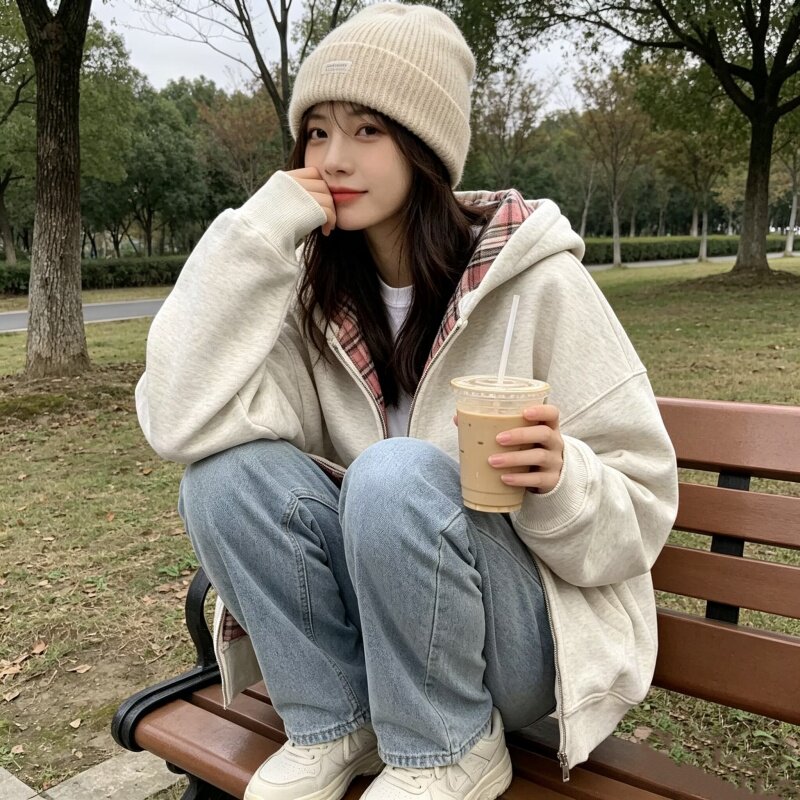 秋冬宽松连帽设计卫衣女款拼接格纹新款拉链开衫美式外套韩版外穿