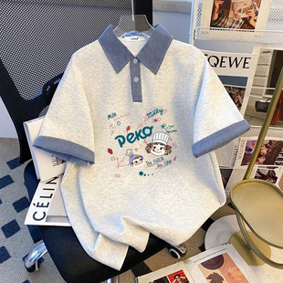 夏装韩版ins复古宽松学生学院风POLO衫拼接短袖t恤女款上衣格纹领