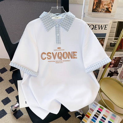 韩版美式2026宽松拼接两件T恤短袖格子polo印花新款夏季学院上衣