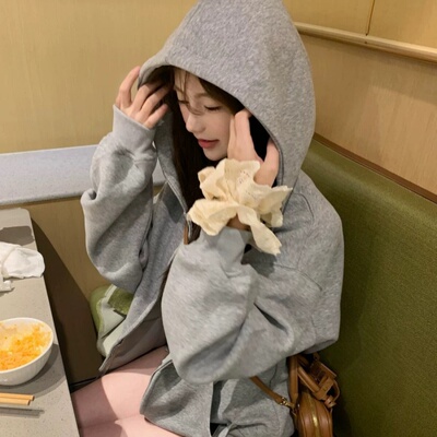 2025韩版美式重磅灰色卫衣外套女秋冬季新款宽松连帽拉链开衫上衣