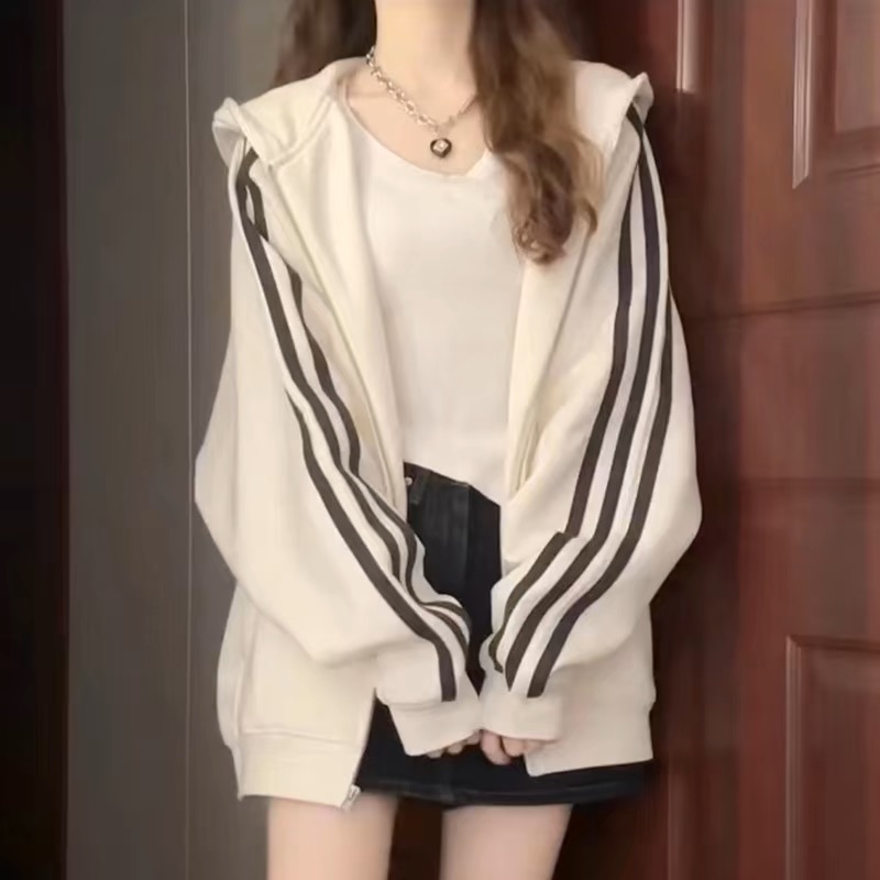 設計感小眾三條杠連帽衛(wèi)衣女春秋韓版潮oversize慵懶薄款開衫外套