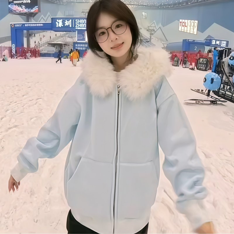 美式复古高街毛领连帽卫衣外套女秋冬2026新款加厚宽松慵懒风上衣