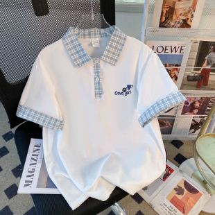 新款 半袖 美式 T恤POLO休闲格子翻领短袖 宽松男女情侣有领 衬衫 夏季