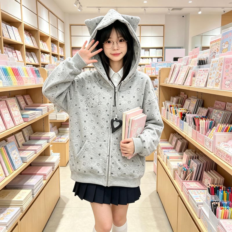 小众元气百搭猫耳连帽拉链开衫卫衣女复古风大码少女学生长袖外套
