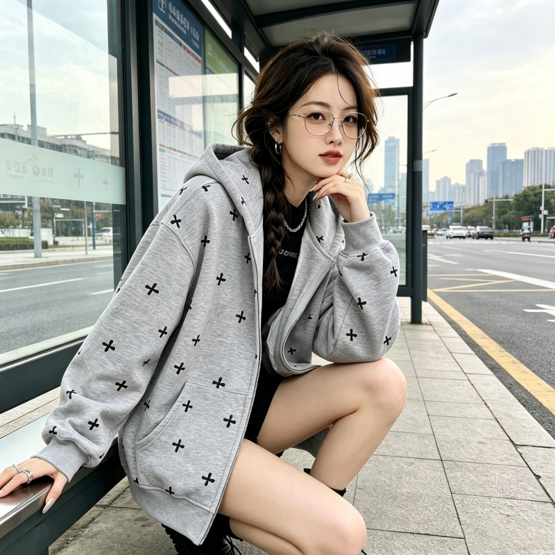 潮牌港风印花连帽拉链开衫女宽松休闲卫衣复古大码百搭款长袖外套