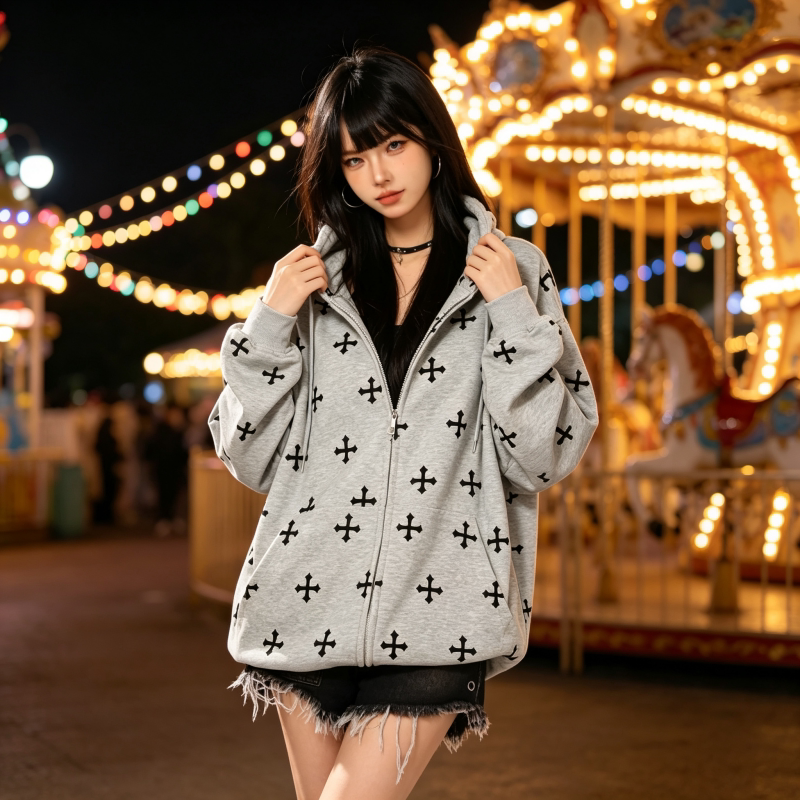 日系简约风印花连帽拉链开衫女宽松休闲卫衣减龄小众潮流长袖外套