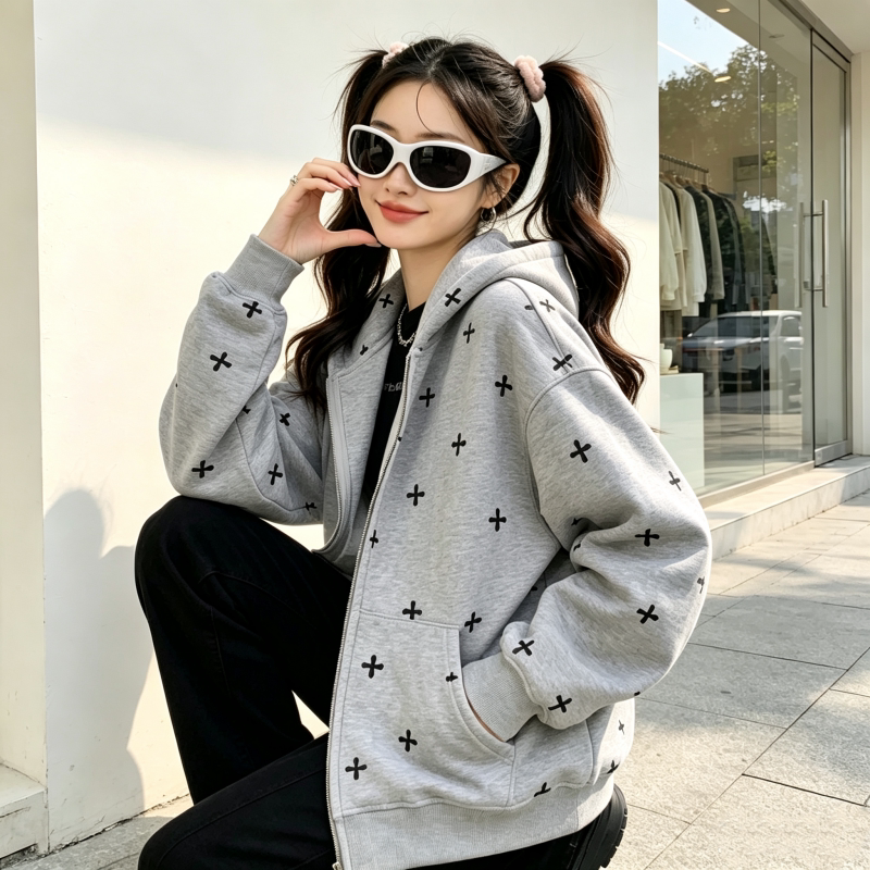 大码温柔风印花连帽拉链开衫女宽松休闲卫衣潮牌洋气百搭长袖外套