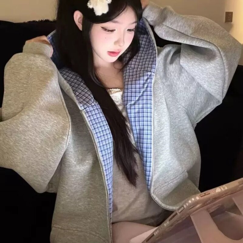 美式复古撞色连帽开衫卫衣女秋季2026新款休闲慵懒风上衣宽松外套