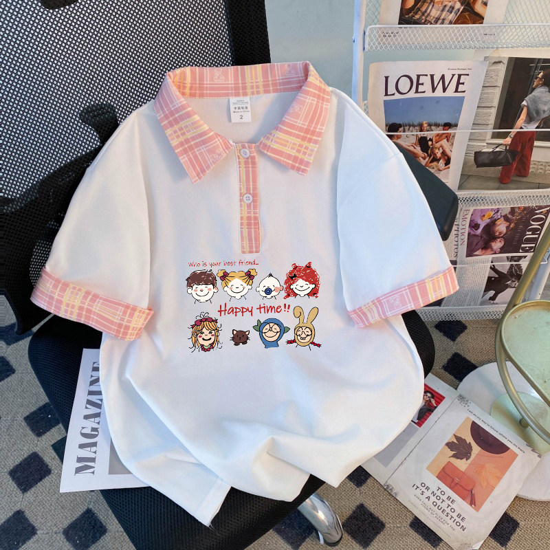 2026夏季短袖polo翻领宽松大码拼接学院风格子上衣新中式胖mm潮牌