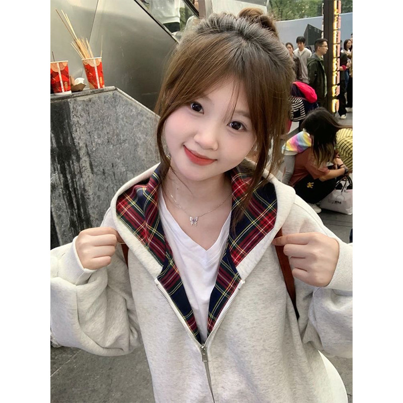 设计感小众格子连帽卫衣女秋冬oversize加绒加厚宽松慵懒开衫外套