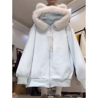 甜美可爱连帽外套女冬季新款毛毛拼接设计感美式复古加厚大码卫衣