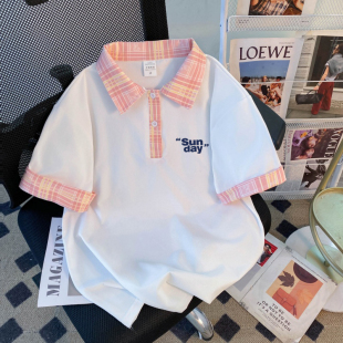 T恤上衣设计学院风女款夏季大码韩版印花polo体恤短袖拼接格子ins