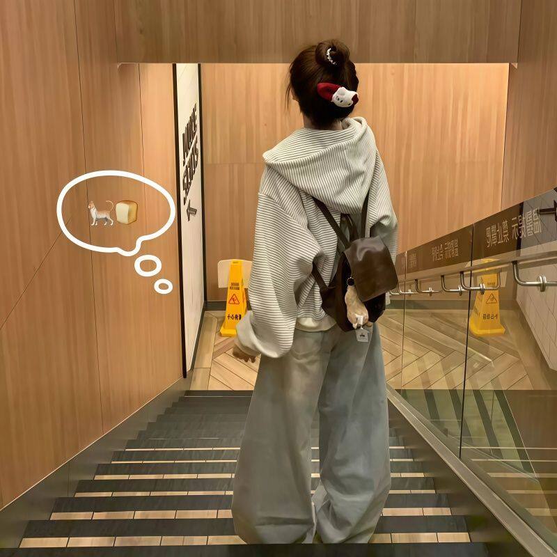 韩系条纹开衫连帽卫衣女早秋季2026新款设计感小众宽松百搭外套潮