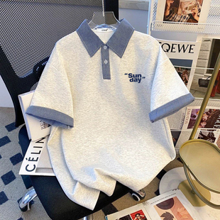 慵懒风T恤上衣设计女款夏季大码韩版印花polo体恤短袖拼接格子ins