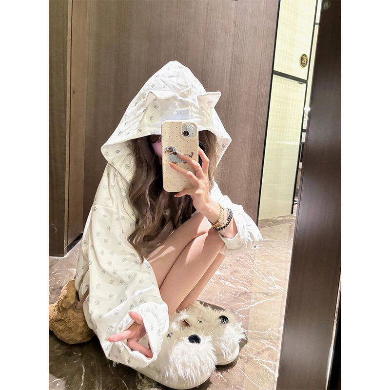 美式连帽卫衣耳朵可爱宽松新款爪印开衫上衣复古慵懒春秋薄款外套