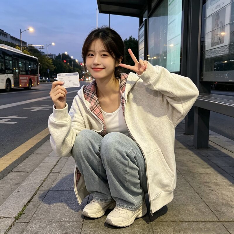 美式韩系格纹连帽卫衣女小众松弛感拼接宽松开衫外套潮流显瘦外套