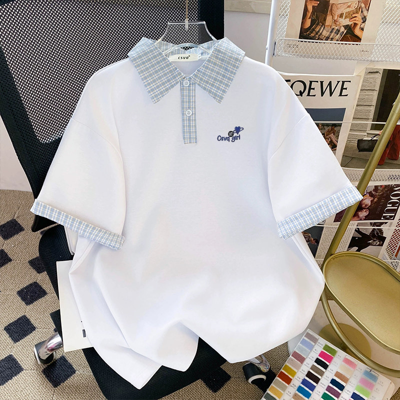 夏季新款美式衬衫T恤POLO休闲格子翻领短袖半袖宽松男女情侣有领