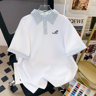 夏季新款美式衬衫T恤POLO休闲格子翻领短袖半袖宽松男女情侣有领