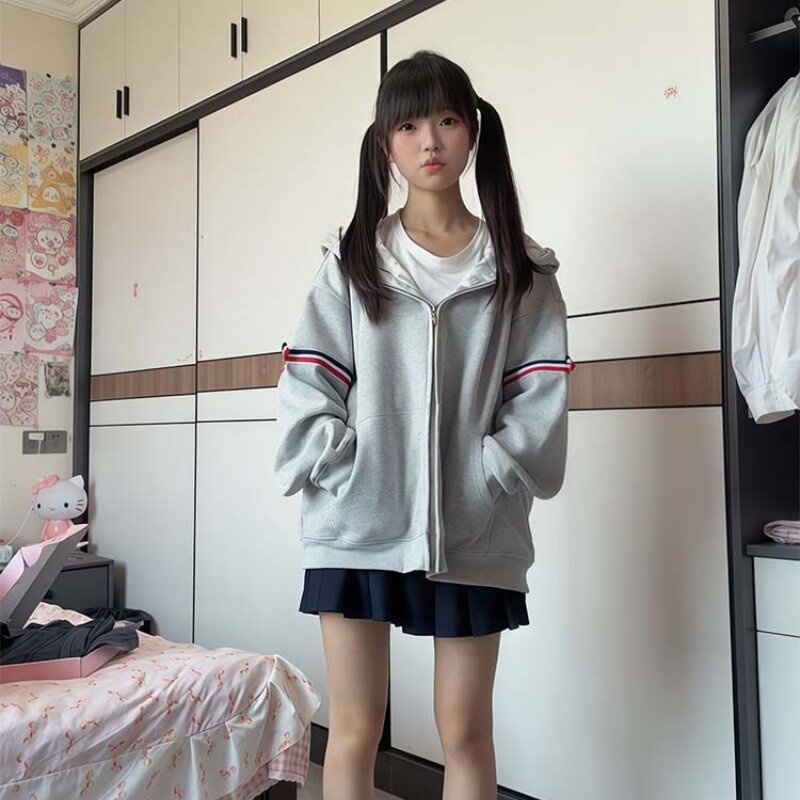 韩系卫衣拉链外套女生春秋季满印内里大码校园风温柔时尚开衫外穿