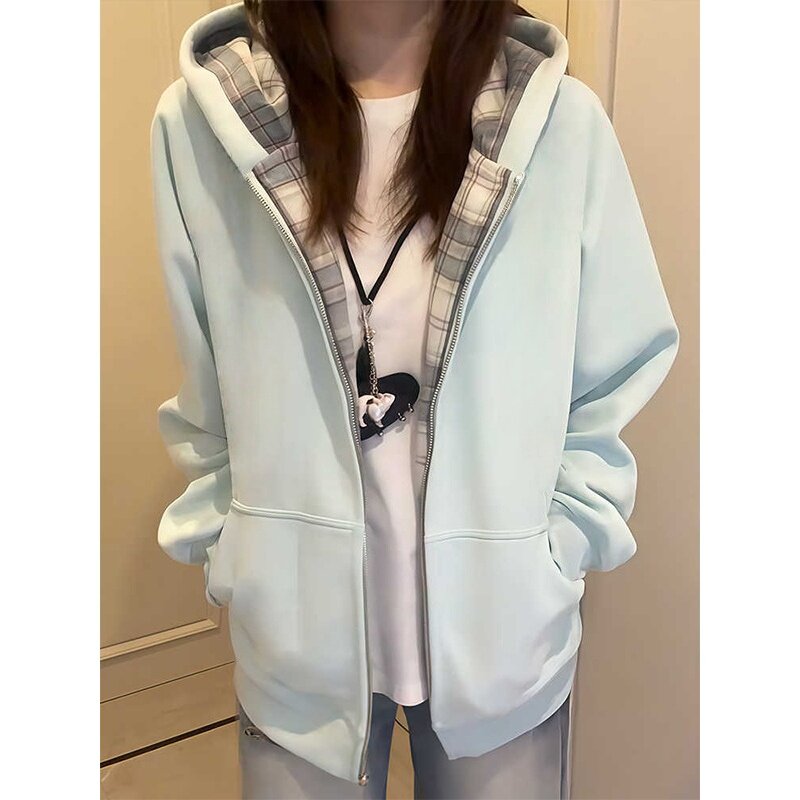 格子拼接连帽卫衣女春秋设计感小众oversize宽松慵懒拉链开衫外套