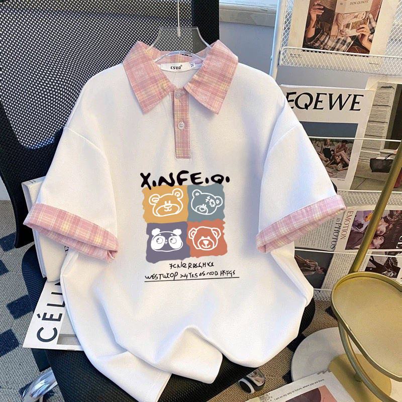 新款2026夏季美式polo撞色复古短袖T恤宽松学院设计上衣女款原创