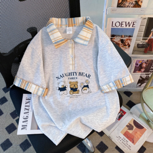 美式复古小熊印花格子polo领短袖t恤女夏2026新款假两件拼接上衣