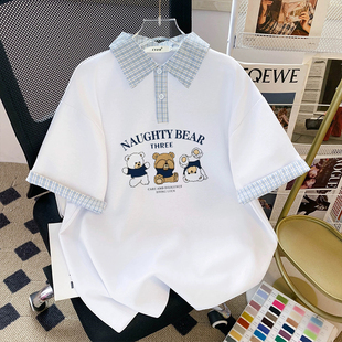 韩版可爱字母美式短袖格子polo领女夏初高中生学院风上衣潮牌卡通