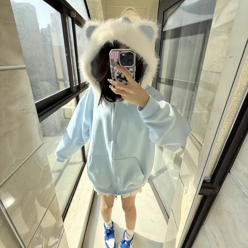 2025新款毛领连帽蓝色卫衣外套女秋冬加绒加厚美式慵懒风高街韩系