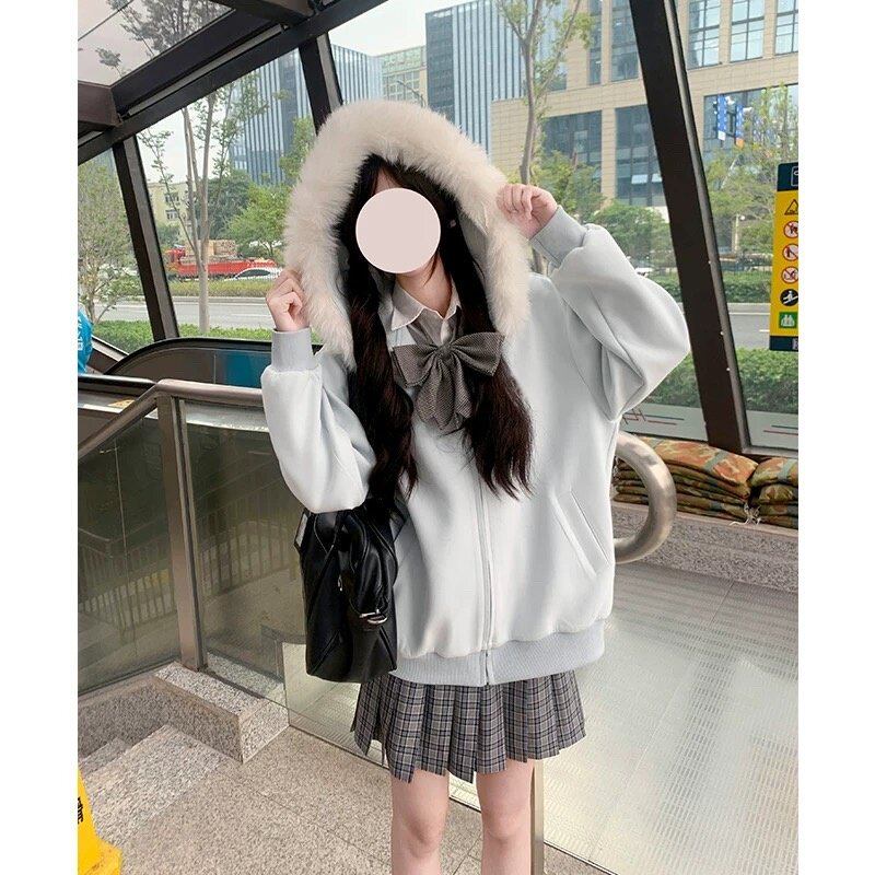 美式复古高街毛领连帽卫衣外套女春秋2026新款秋冬加厚韩系慵懒风