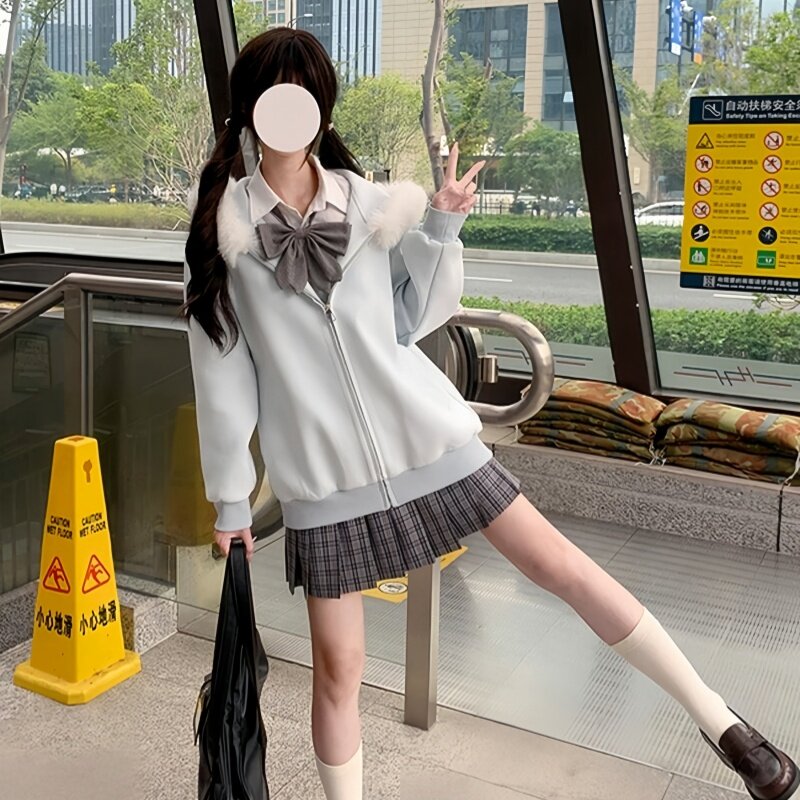 韩系学院风可爱猫耳朵毛领连帽加绒外套冬季女装宽松开衫加厚卫衣