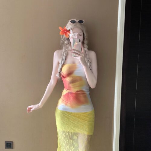 辣妹风女黄色印花抹胸长裙比基尼