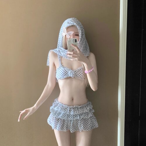 法式复古少女波点比基尼海岛度假
