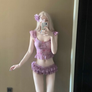 AYSTUDIO法式 复古纯欲印花分体泳衣女荷叶边辣妹风显瘦度假泡温泉