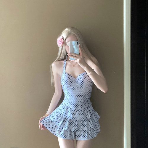 挂脖显瘦连体泳衣波点遮肉裙式女
