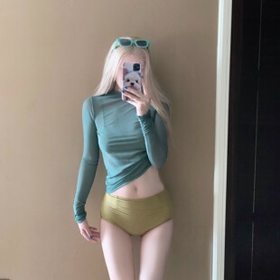 AYSTUDIO周雨彤同款分体透视网纱长袖罩衫保守显瘦度假温泉泳衣女