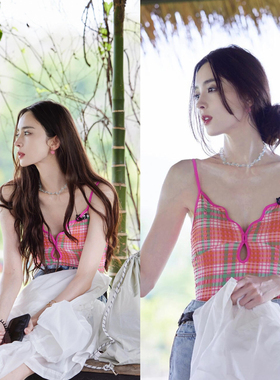 AYSTUDIO娜扎同款粉色格子泳衣女清新小众性感连体三角泡温泉度假