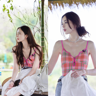 AYSTUDIO娜扎同款粉色格子泳衣女清新小众性感连体三角泡温泉度假