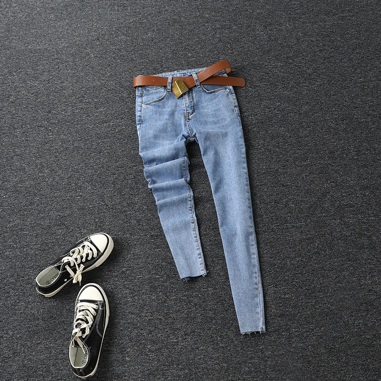 欧洲站2023年春夏新品女装炸街浅蓝色高腰铅笔裤小脚九分裤牛仔裤