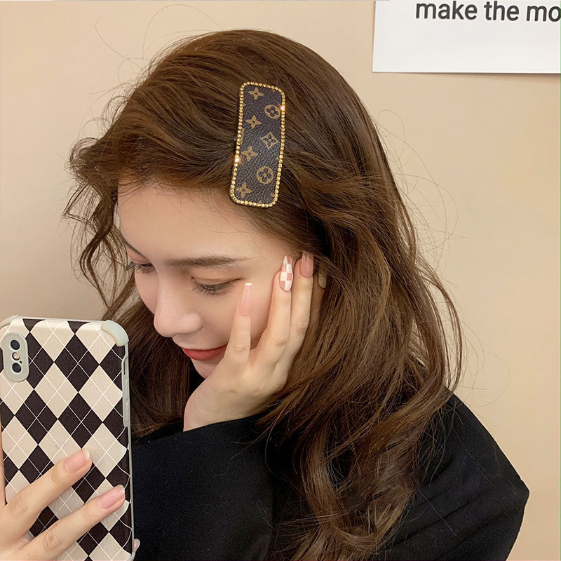 复古印花皮质镶钻侧边发夹一字夹