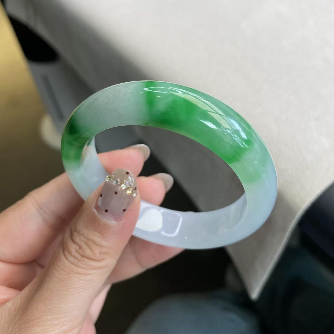 玉长情【月满西楼】缅甸翡翠玉石糯冰种白底青飘花阳绿真玉石处理