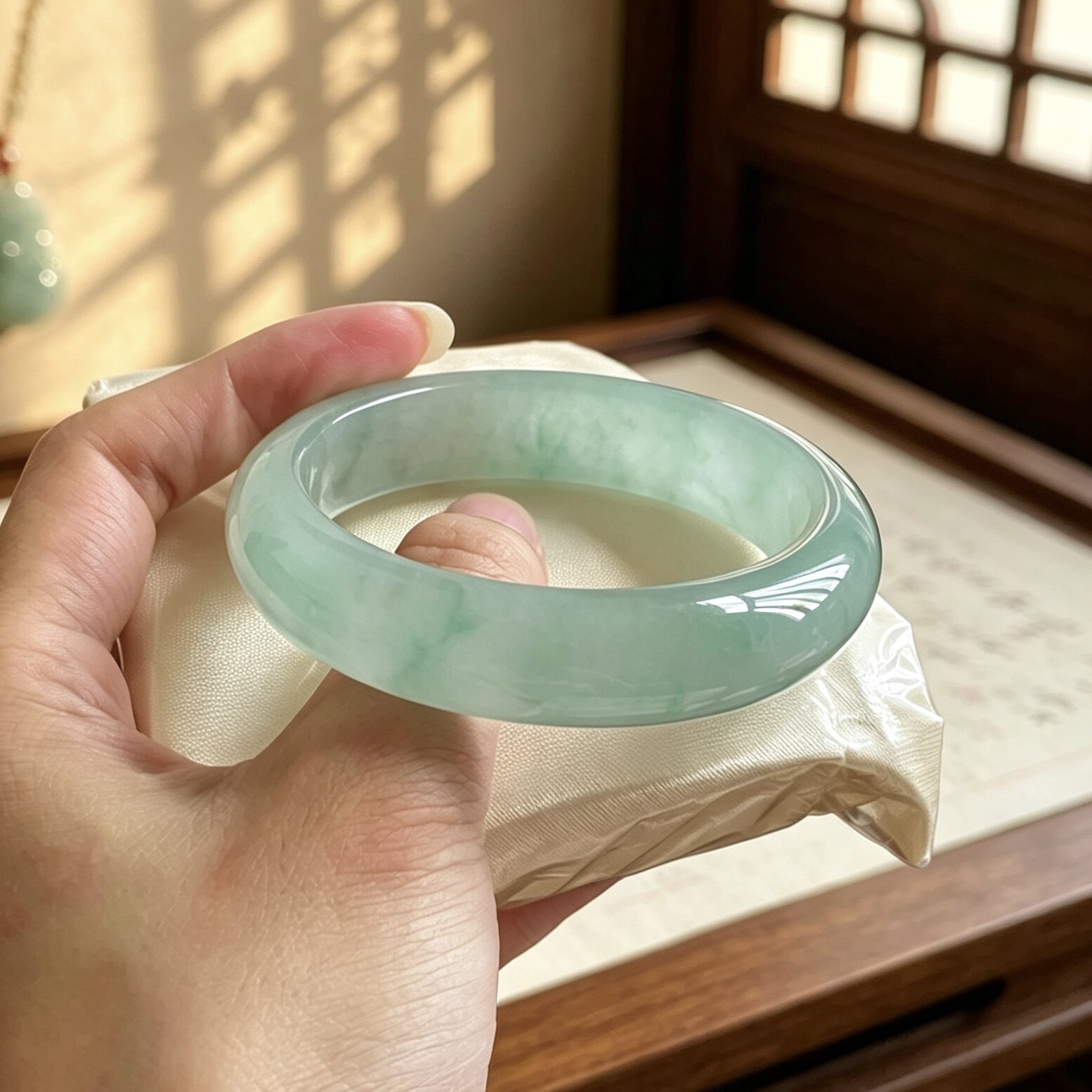 玉长情【璎娴沐玥】高端缅甸翡翠冰种浅绿飘花玉手镯正品真玉处理