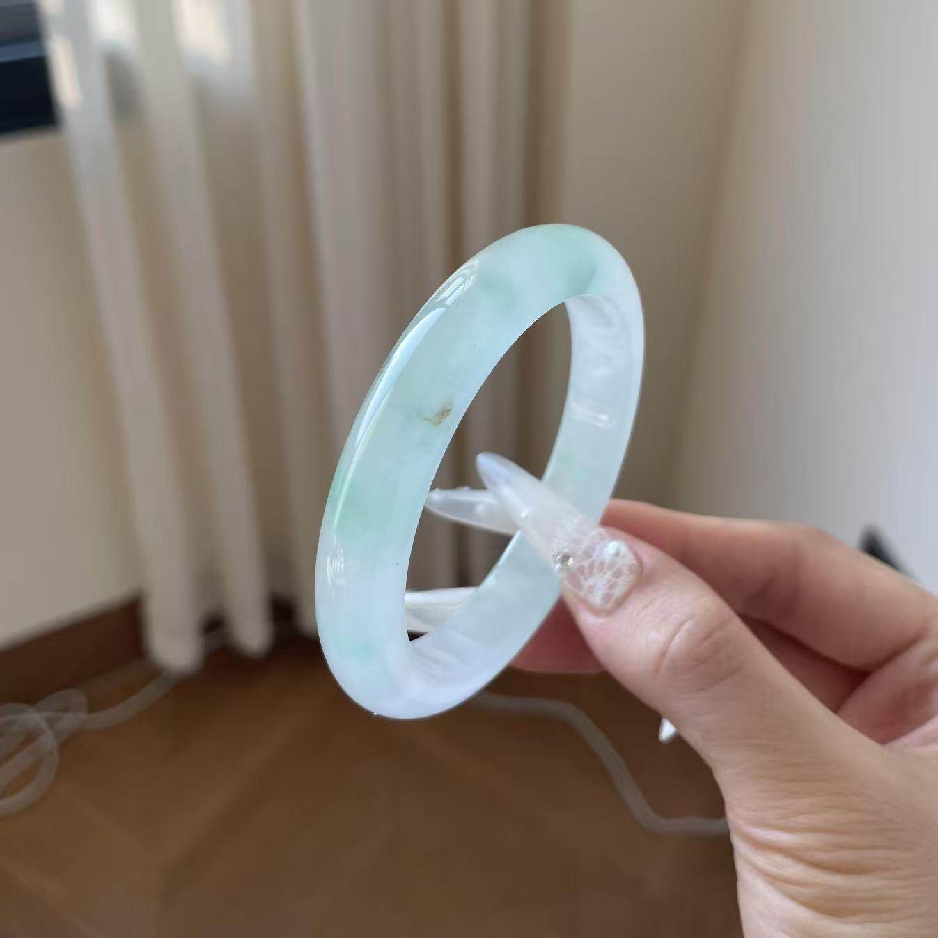 玉长情【玉环承露】缅甸高端翡翠玉石糯冰种浅青飘花女款正品处理