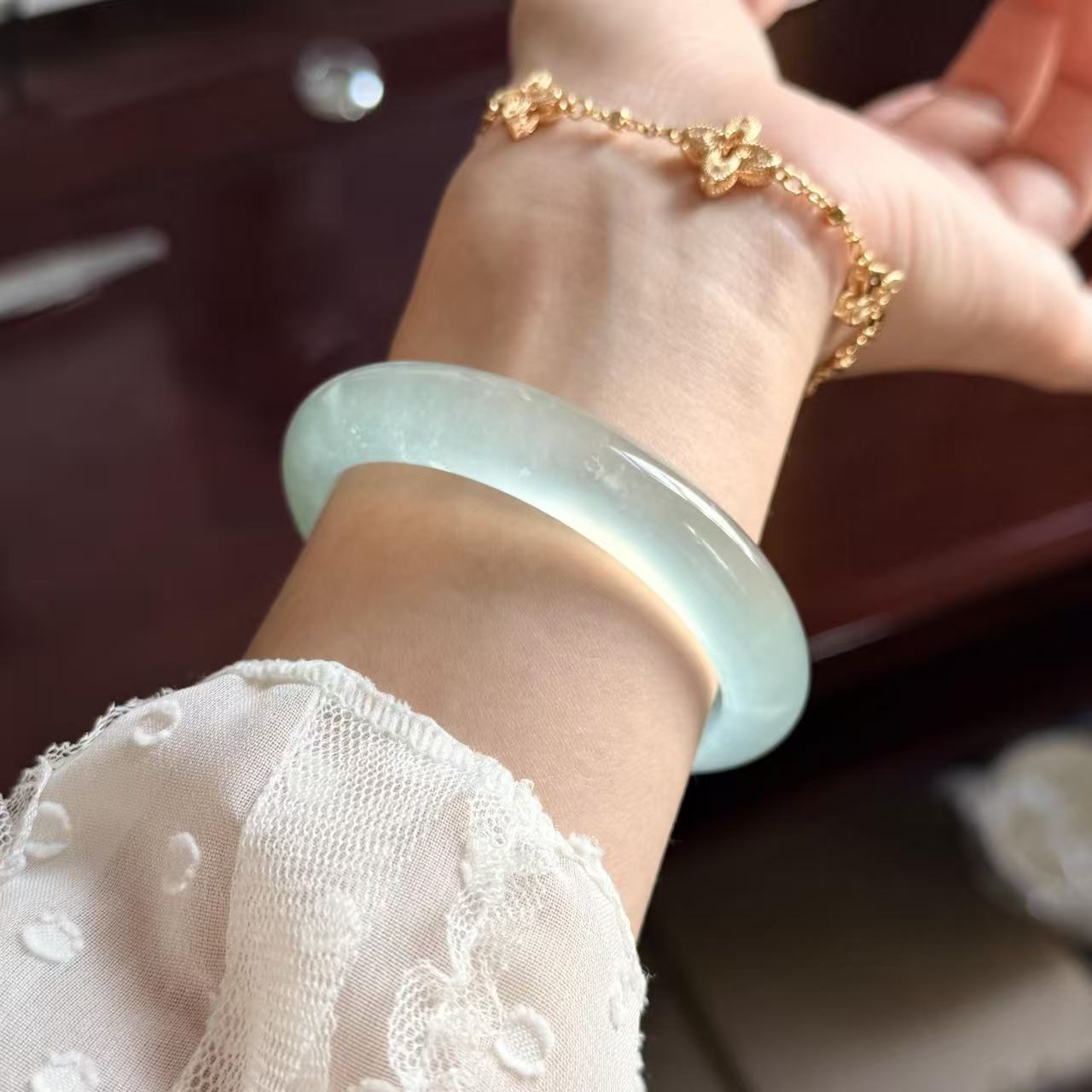 玉长情【碧玥凝华】高冰种缅甸翡翠女款冰透浅青纯色正品玉石处理
