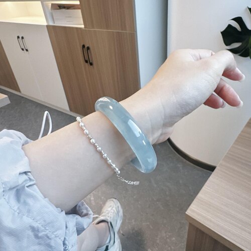 玉长情【云敛微光】缅甸高端翡翠冰种蓝水飘花玉手镯正品真玉处理
