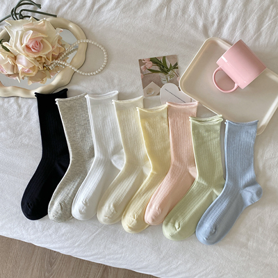 网眼卷边堆堆袜  时尚新款冰淇淋色系  薄棉袜纯色透气中筒袜1141